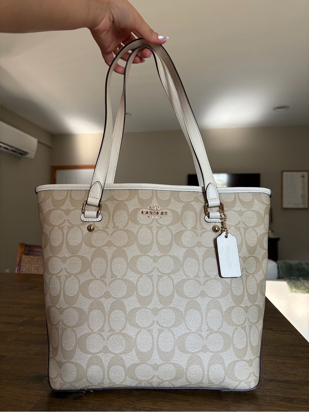 Coach Beige & Cream Signature Canvas Shoulder Tote Bag
